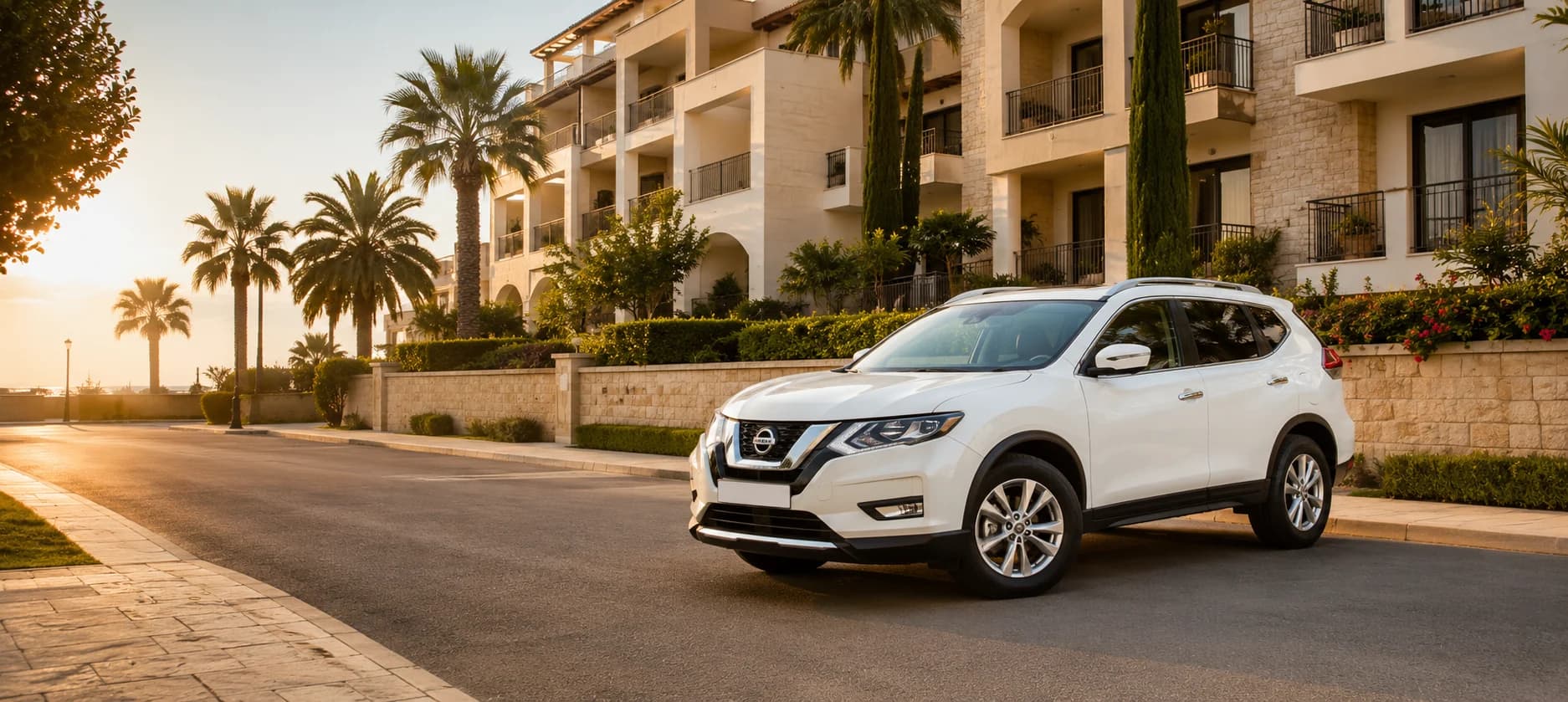 White SUV parked outside modern Cyprus apartments at sunset